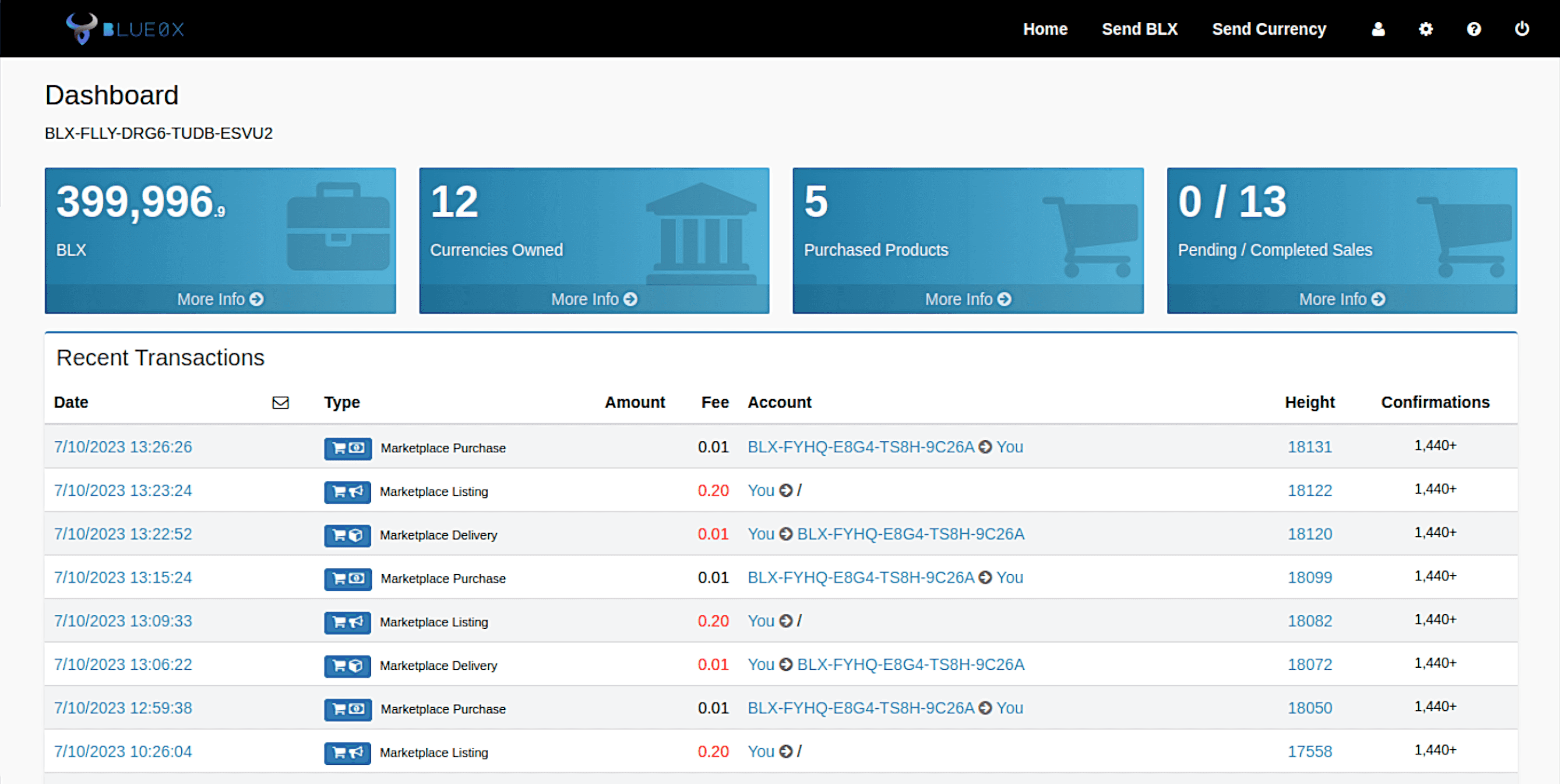 Screenshot of the Blue0x dashboard